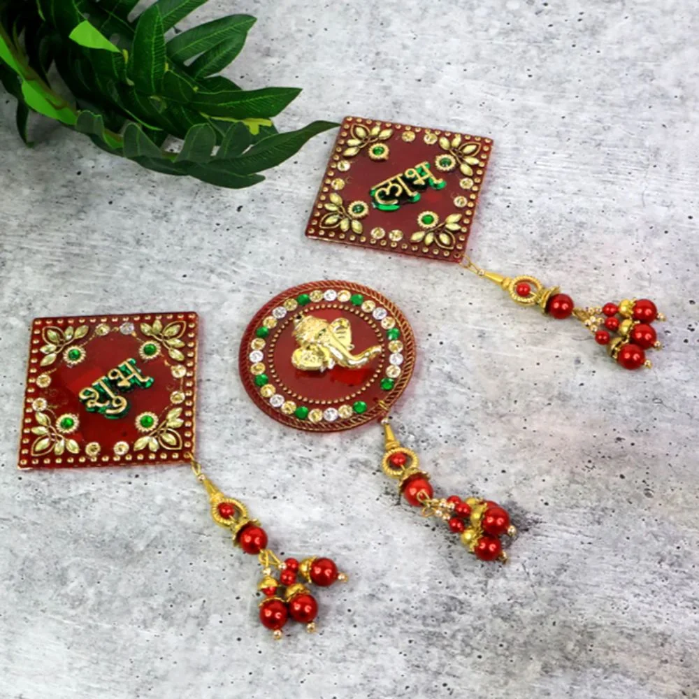 Traditional Shubh Labh Ganesh Wall Hanging Set | 3 Piece Decorative Toran for Entrance, Temple & Festival Decor image 3