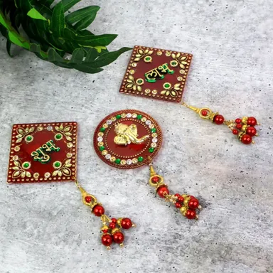 Traditional Shubh Labh Ganesh Wall Hanging Set | 3 Piece Decorative Toran for Entrance, Temple & Festival Decor thumbnail 2