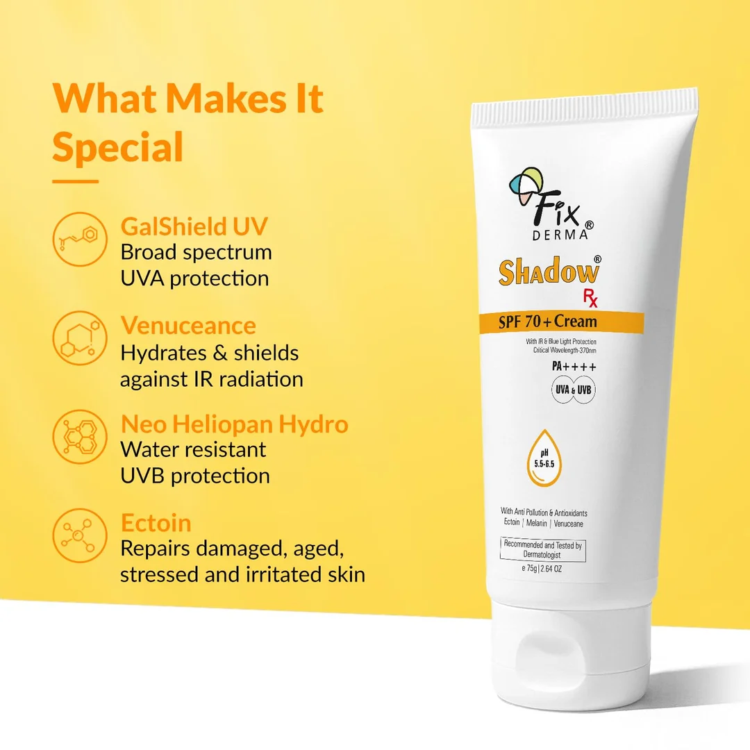 Fixderma Shadow Sunscreen Cream SPF 70+ PA++++ 75 gm – Broad Spectrum UVA UVB IR & Blue Light Protection Moisturising Sunblock for Dry Skin Daily Use image 4