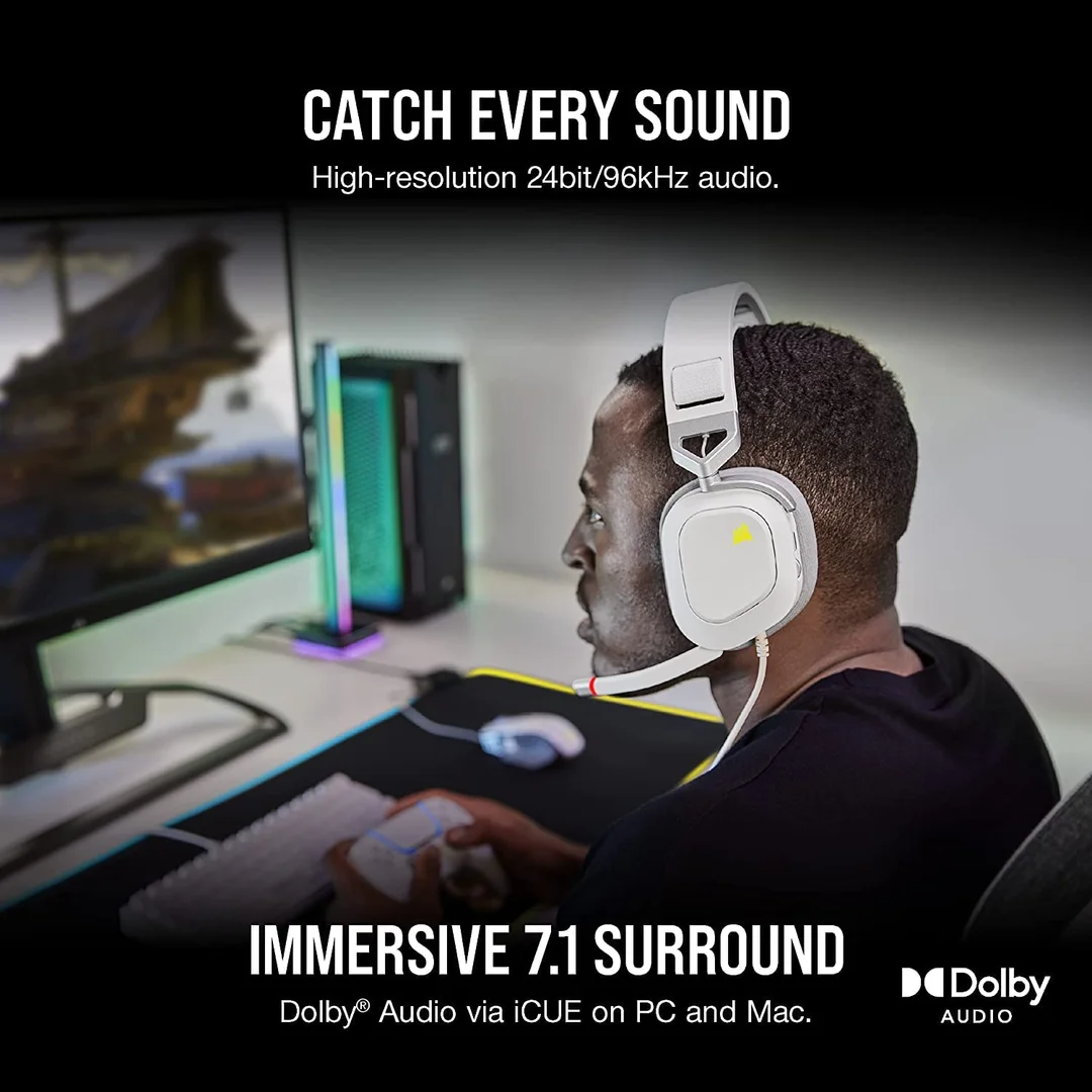 Corsair HS80 RGB USB Premium Gaming Headset 50 mm Neodymium Drivers Memory-Foam Earpads Dolby Audio 7.1 Surround Sound Wired PC Headset White – High-Fidelity 24-bit/96 kHz Sound, Broadcast-Grade Mic, Durable Build image 2