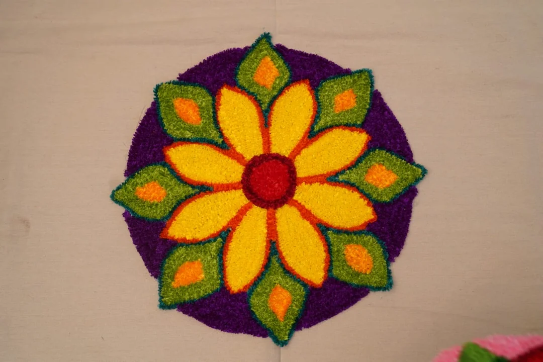 Handmade Woolen Floral Rangoli Mat with Yellow Red Green Pattern for Diwali Home Decoration Eco-Friendly Floor Carpet Mat for Indian Festivals and Entrance Door Decor image 1
