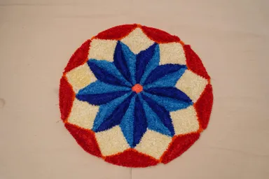 Handmade Circular Floral Rangoli Design with Blue|Red| White Colors – Vibrant Non-Toxic Floor Decoration for Diwali| Weddings & Festivals in India thumbnail 0