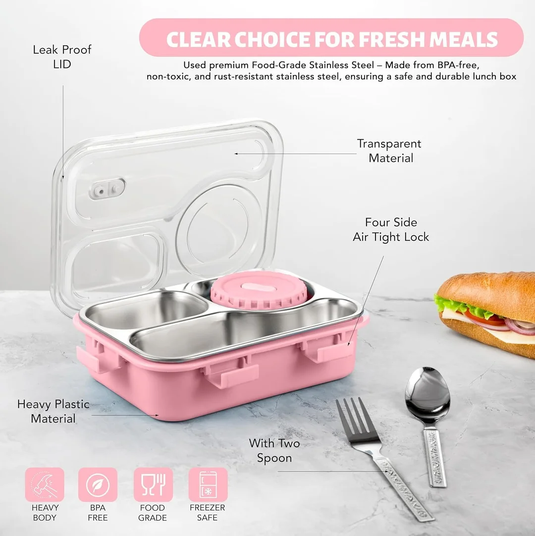 Lunch Box 3‑Compartment Leak‑Proof BPA Free Stainless Steel School & Office Tiffin 750 ml with Spoon Fork Chopsticks (Pink) – Kids & Adult Use | Bento koi koi kawaii lunch box image 2