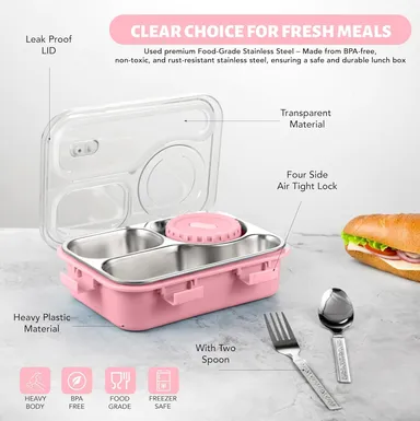 Lunch Box 3‑Compartment Leak‑Proof BPA Free Stainless Steel School & Office Tiffin 750 ml with Spoon Fork Chopsticks (Pink) – Kids & Adult Use | Bento koi koi kawaii lunch box thumbnail 1