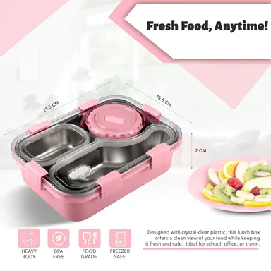 Lunch Box 3‑Compartment Leak‑Proof BPA Free Stainless Steel School & Office Tiffin 750 ml with Spoon Fork Chopsticks (Pink) – Kids & Adult Use | Bento koi koi kawaii lunch box thumbnail 2