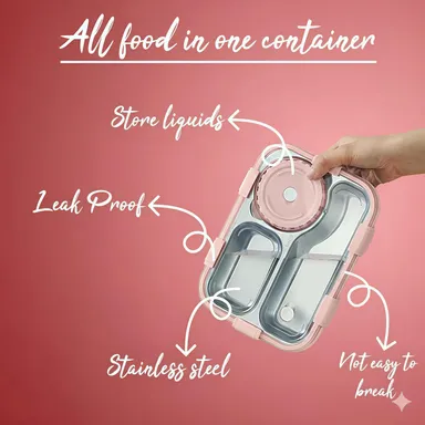 Lunch Box 3‑Compartment Leak‑Proof BPA Free Stainless Steel School & Office Tiffin 750 ml with Spoon Fork Chopsticks (Pink) – Kids & Adult Use | Bento koi koi kawaii lunch box thumbnail 3