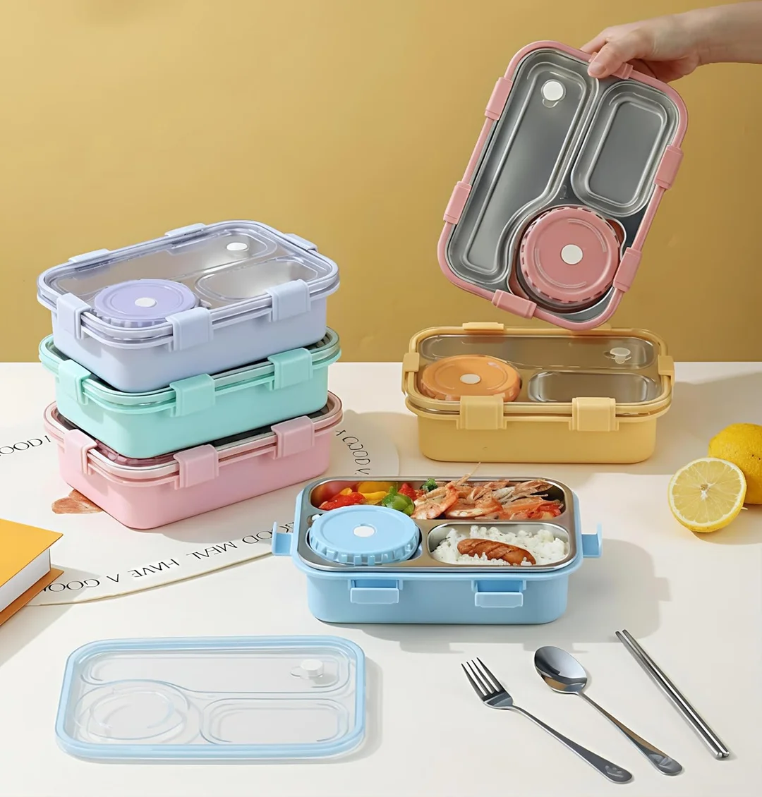 Lunch Box 3‑Compartment Leak‑Proof BPA Free Stainless Steel School & Office Tiffin 750 ml with Spoon Fork Chopsticks (Pink) – Kids & Adult Use | Bento koi koi kawaii lunch box image 5