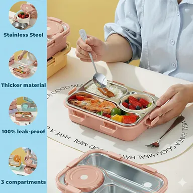 Lunch Box 3‑Compartment Leak‑Proof BPA Free Stainless Steel School & Office Tiffin 750 ml with Spoon Fork Chopsticks (Pink) – Kids & Adult Use | Bento koi koi kawaii lunch box thumbnail 5