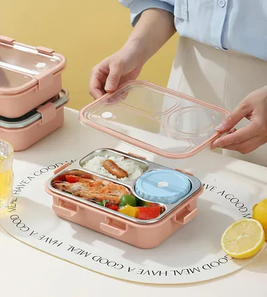 Lunch Box 3‑Compartment Leak‑Proof BPA Free Stainless Steel School & Office Tiffin 750 ml with Spoon Fork Chopsticks (Pink) – Kids & Adult Use | Bento koi koi kawaii lunch box thumbnail 6