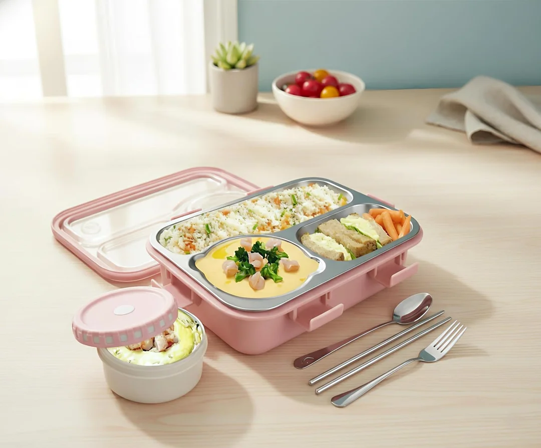 Lunch Box 3‑Compartment Leak‑Proof BPA Free Stainless Steel School & Office Tiffin 750 ml with Spoon Fork Chopsticks (Pink) – Kids & Adult Use | Bento koi koi kawaii lunch box image 1