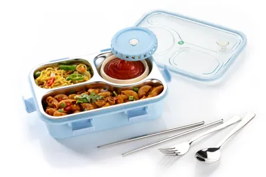 Lunch Box 3-Compartment Leak-Proof Stainless Steel Lunch Box for Kids & Adults with Fork, Spoon & Chopsticks – BPA-Free, School & Office Ready (Classic Blue) | Bento koi koi kawaii lunch box