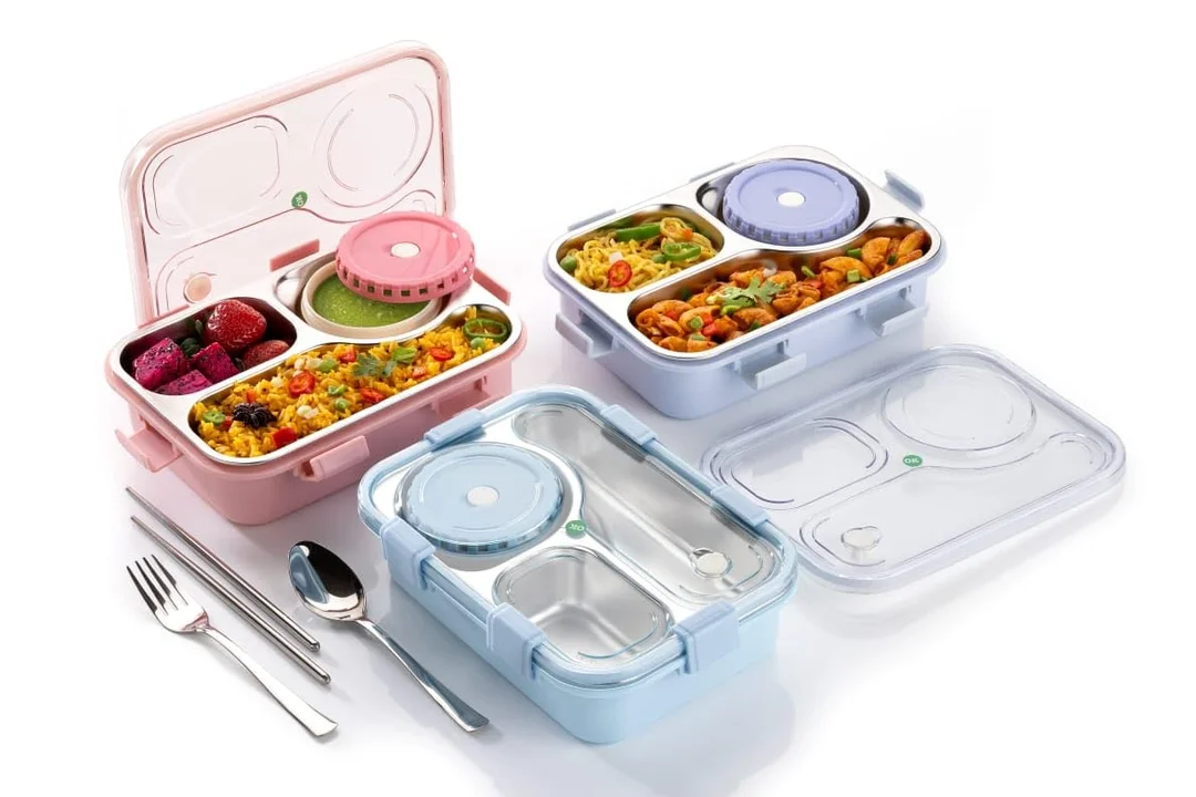 Lunch Box 3-Compartment Leak-Proof Stainless Steel Lunch Box for Kids & Adults with Fork, Spoon & Chopsticks – BPA-Free, School & Office Ready (Classic Blue) | Bento koi koi kawaii lunch box image 2