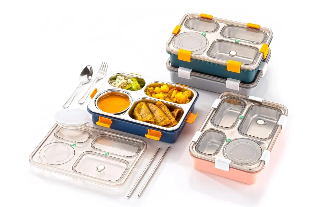 Lunch Box 3-Compartment Leak-Proof Stainless Steel Lunch Box for Kids & Adults with Fork, Spoon & Chopsticks – BPA-Free, School & Office Ready (Classic Blue) | Bento koi koi kawaii lunch box image 3