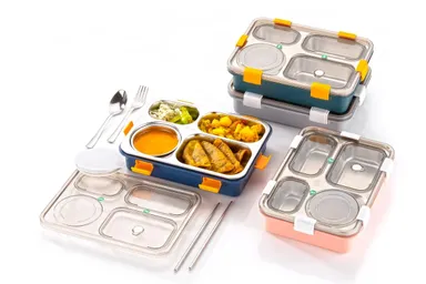 Lunch Box 3-Compartment Leak-Proof Stainless Steel Lunch Box for Kids & Adults with Fork, Spoon & Chopsticks – BPA-Free, School & Office Ready (Classic Blue) | Bento koi koi kawaii lunch box thumbnail 2