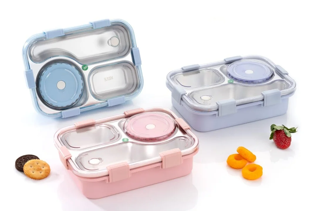 Lunch Box 3-Compartment Leak-Proof Stainless Steel Lunch Box for Kids & Adults with Fork, Spoon & Chopsticks – BPA-Free, School & Office Ready (Classic Blue) | Bento koi koi kawaii lunch box image 4