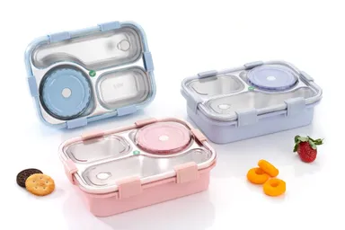 Lunch Box 3-Compartment Leak-Proof Stainless Steel Lunch Box for Kids & Adults with Fork, Spoon & Chopsticks – BPA-Free, School & Office Ready (Classic Blue) | Bento koi koi kawaii lunch box thumbnail 3