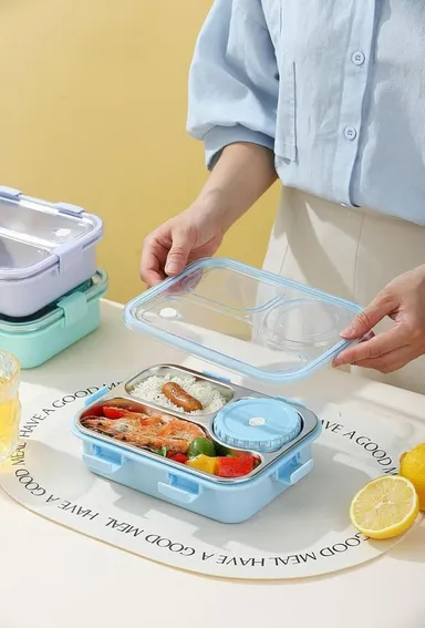 Lunch Box 3-Compartment Leak-Proof Stainless Steel Lunch Box for Kids & Adults with Fork, Spoon & Chopsticks – BPA-Free, School & Office Ready (Classic Blue) | Bento koi koi kawaii lunch box thumbnail 4