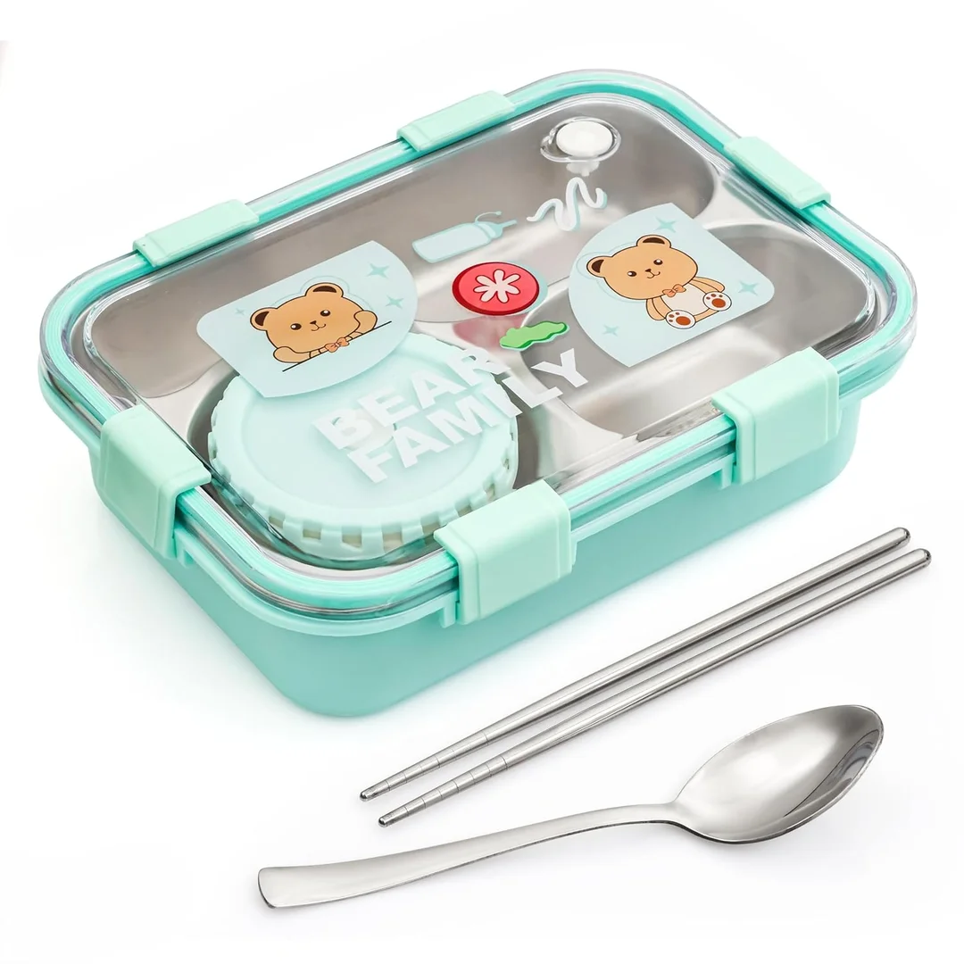Kawaii Bear Family 3‑Compartment Stainless Steel Lunch Box | Your Perfect Lunch Companion for School, Office & Travel image 1
