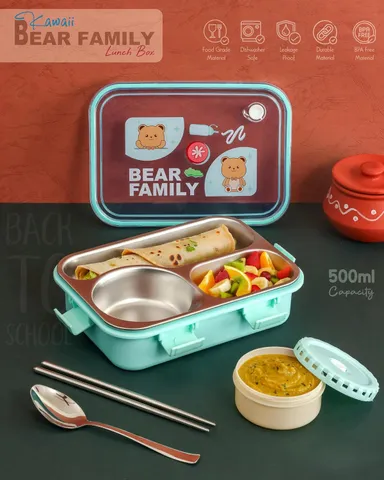 Kawaii Bear Family 3‑Compartment Stainless Steel Lunch Box | Your Perfect Lunch Companion for School, Office & Travel  thumbnail 1