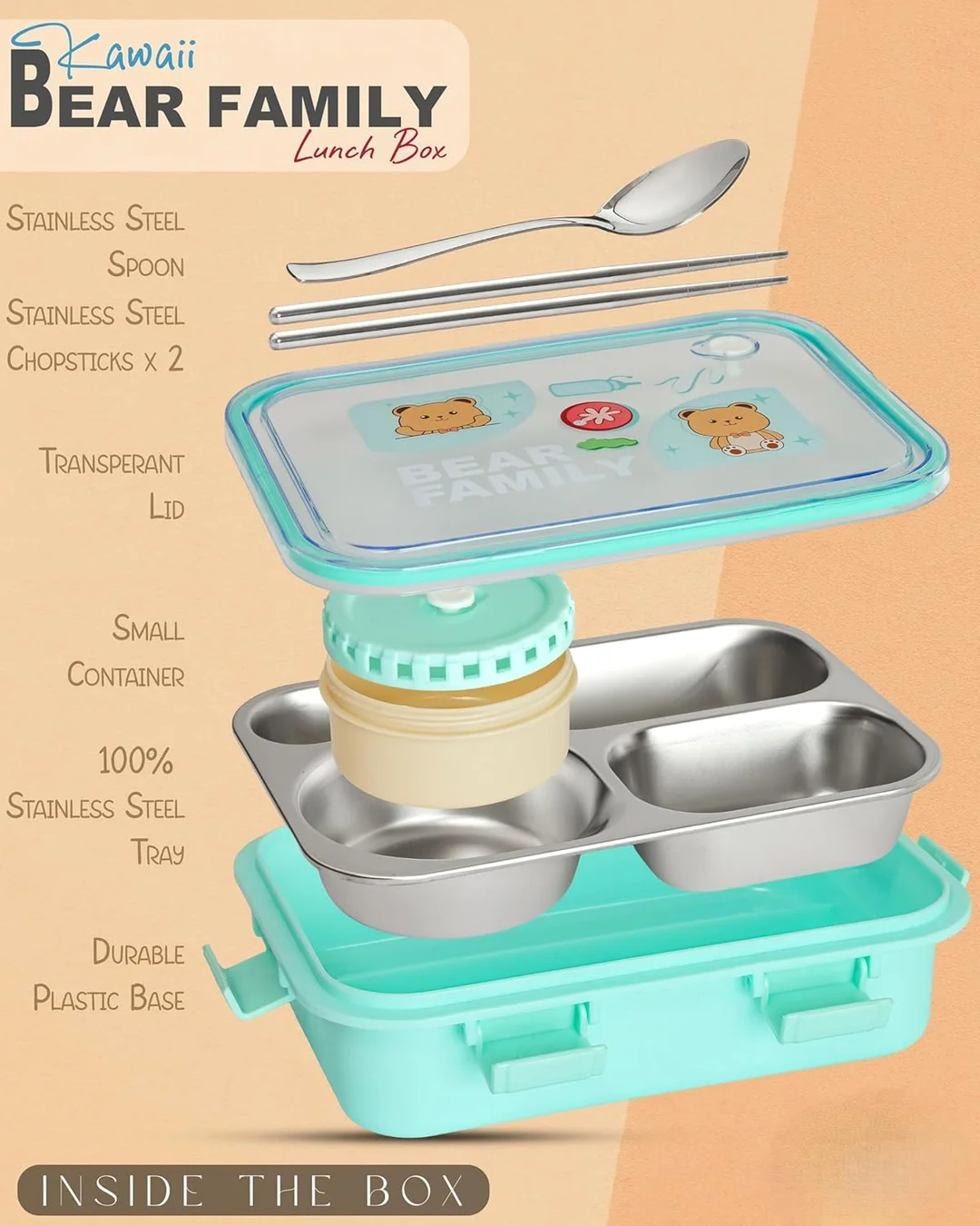 Kawaii Bear Family 3‑Compartment Stainless Steel Lunch Box | Your Perfect Lunch Companion for School, Office & Travel image 3