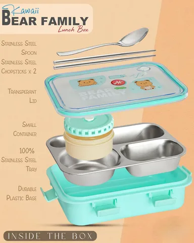 Kawaii Bear Family 3‑Compartment Stainless Steel Lunch Box | Your Perfect Lunch Companion for School, Office & Travel  thumbnail 2