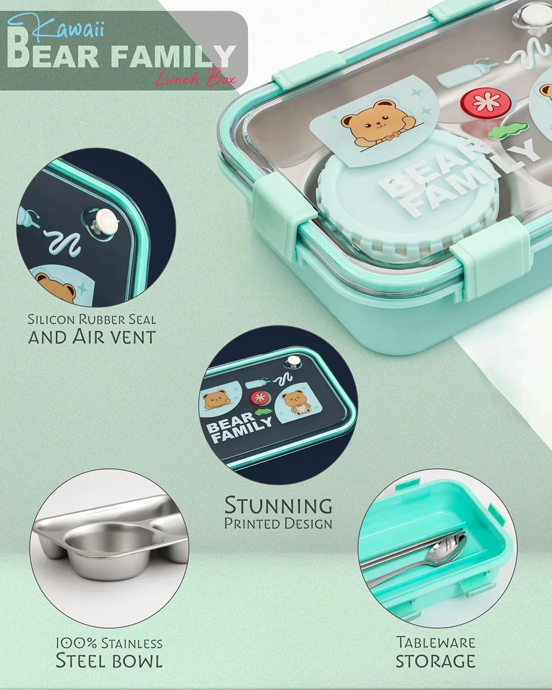Kawaii Bear Family 3‑Compartment Stainless Steel Lunch Box | Your Perfect Lunch Companion for School, Office & Travel image 4