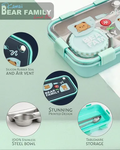 Kawaii Bear Family 3‑Compartment Stainless Steel Lunch Box | Your Perfect Lunch Companion for School, Office & Travel  thumbnail 3