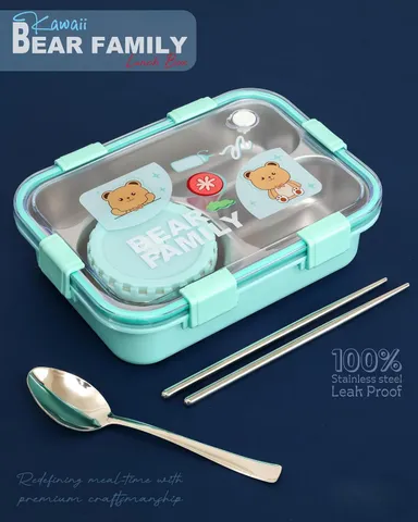 Kawaii Bear Family 3‑Compartment Stainless Steel Lunch Box | Your Perfect Lunch Companion for School, Office & Travel  thumbnail 4