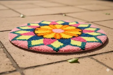 Hand-Tufted Multicolour Shaggy Circular Accent Floor Mat | Soft Plush Doily Rug for Living Room, Bedroom & Home Décor | Authentic Indian Latch Hook Craft thumbnail 2