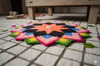 Hand-Made Coral Black Blue Star Flower Mat |Home Temple Asan and Bright Decorative Accent Rug | Multicolour Indian Shaggy Textile Art  thumbnail 1