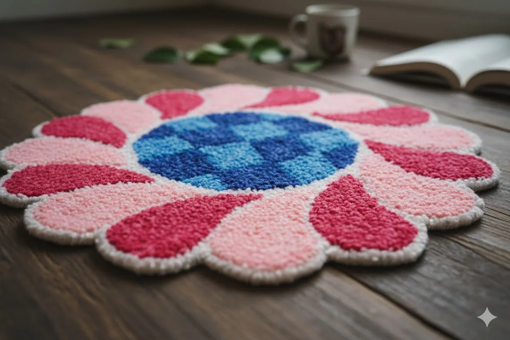 Hand-Tufted Scalloped Petal Mat |Blue Pink Red Shaggy Doily for Table Centrepiece or Decorative Accent Rug | Indian Floral Textile Craft  image 2