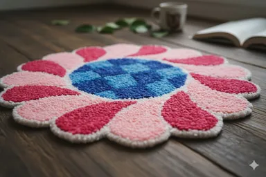 Hand-Tufted Scalloped Petal Mat |Blue Pink Red Shaggy Doily for Table Centrepiece or Decorative Accent Rug | Indian Floral Textile Craft  thumbnail 1