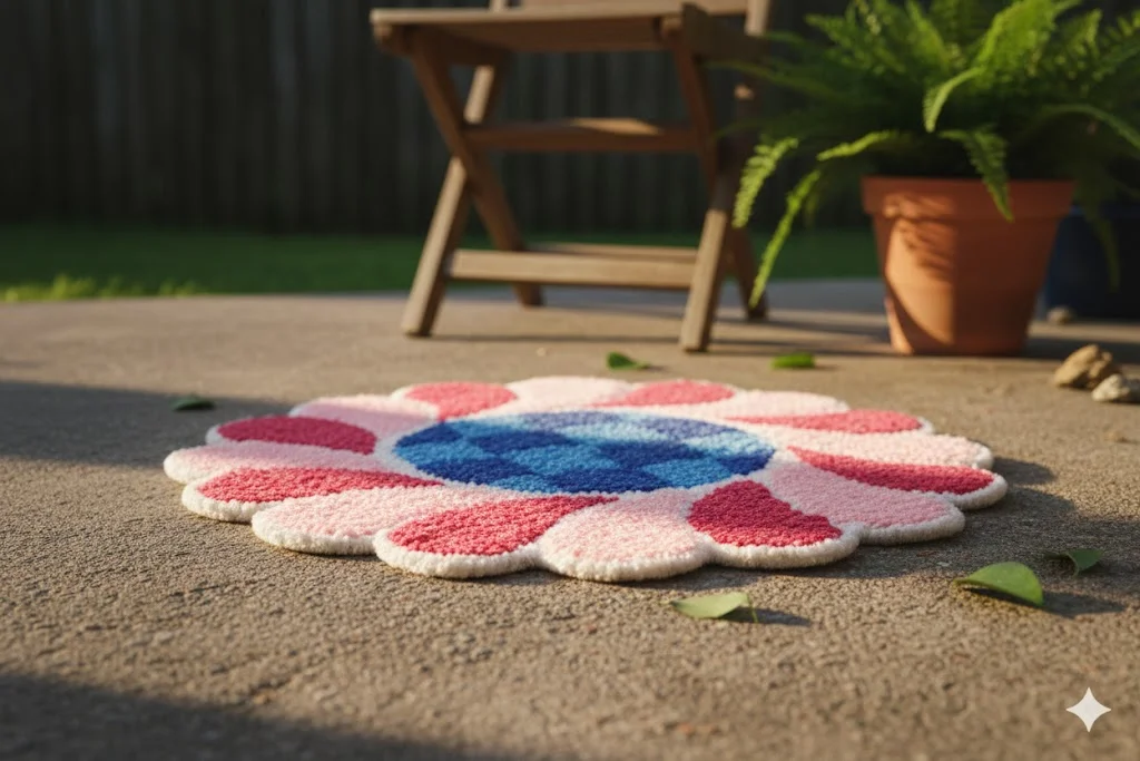Hand-Tufted Scalloped Petal Mat |Blue Pink Red Shaggy Doily for Table Centrepiece or Decorative Accent Rug | Indian Floral Textile Craft  image 3