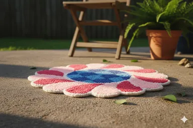Hand-Tufted Scalloped Petal Mat |Blue Pink Red Shaggy Doily for Table Centrepiece or Decorative Accent Rug | Indian Floral Textile Craft  thumbnail 2