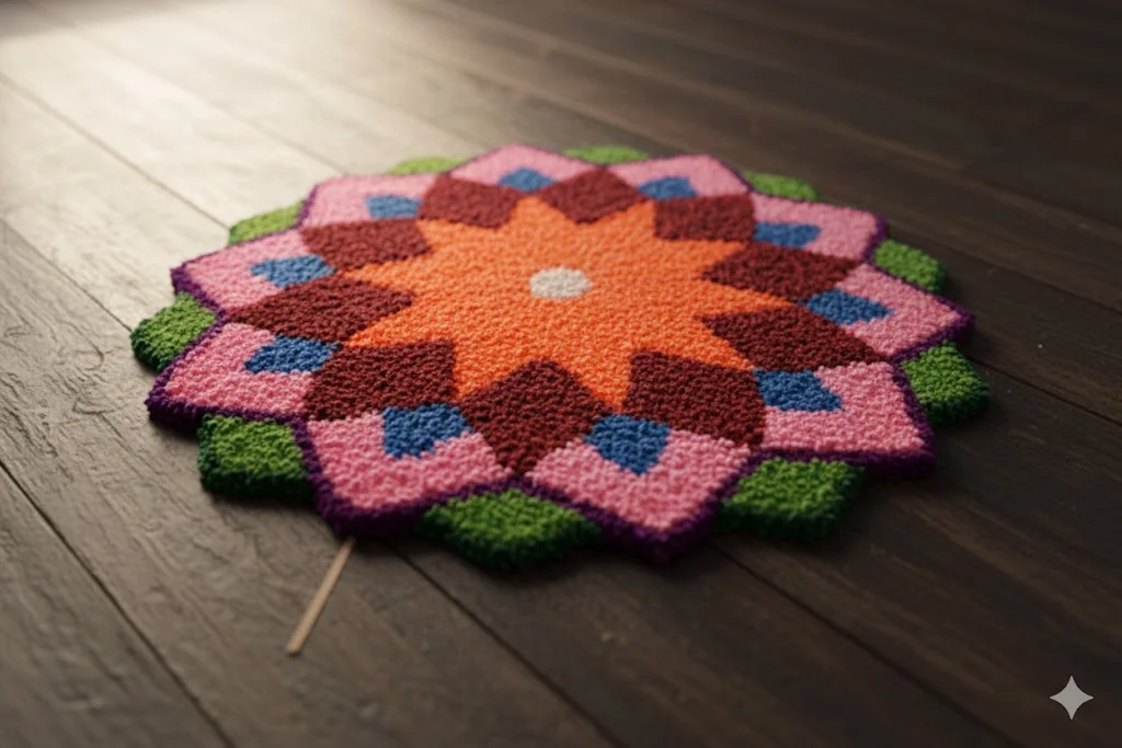 Handcrafted Multi-Colour Floral Mandala Textile Mat | Premium Woolen| Tufted Round Rug for Home Decor| Festive Rangoli, Pooja and Table Accent  image 2