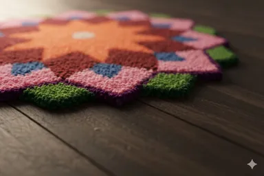 Handcrafted Multi-Colour Floral Mandala Textile Mat | Premium Woolen| Tufted Round Rug for Home Decor| Festive Rangoli, Pooja and Table Accent  thumbnail 2