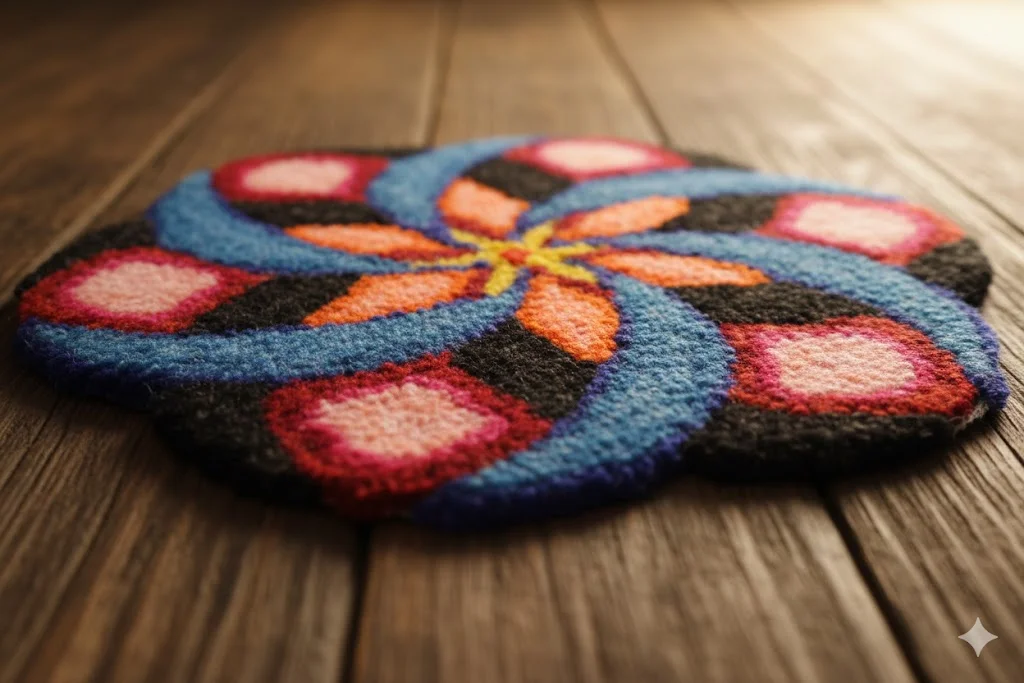 Handcrafted Multi-Colour Floral Mandala Textile Mat |Premium Woolen| Tufted Round Rug for Home Decor| Festive Rangoli, Pooja and Table Accent  image 2