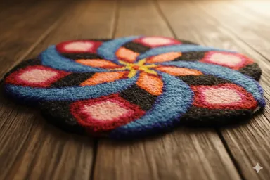 Handcrafted Multi-Colour Floral Mandala Textile Mat |Premium Woolen| Tufted Round Rug for Home Decor| Festive Rangoli, Pooja and Table Accent  thumbnail 1