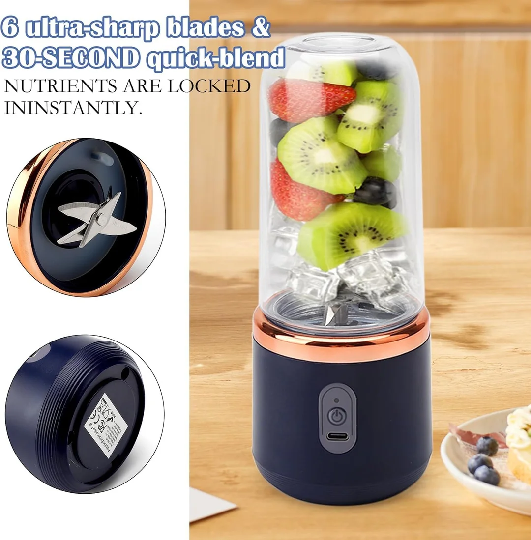 Portable Blender Mini Juicer 500 Ml |USB Rechargeable 1500 mAh Smoothie Maker | 6 Stainless Steel Blades| 3 Speed Gears |Travel Personal Fruit Mixer for Shakes| Juices & Daily Smoothies (Compact Home, Office & Gym Use)| image 4