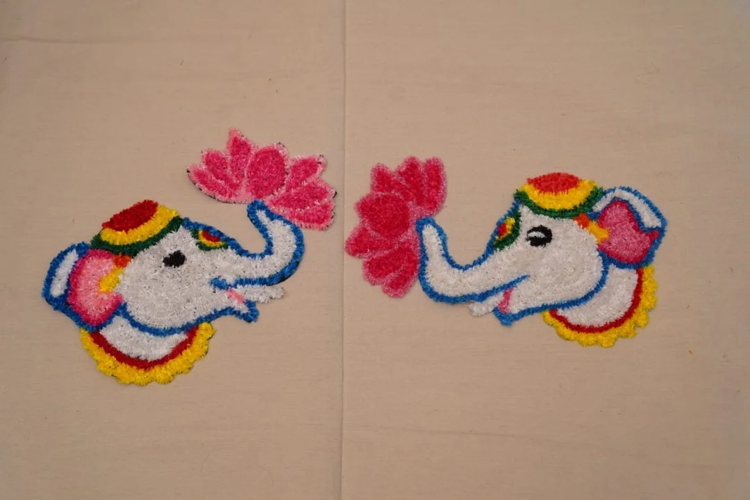 Decorative Woolen Rangoli Mat Set of 2 | 28×41 cm Elephant & Lotus Design Multicolour Rangoli | Floor Décor for Diwali, Pooja, Home Entrance image 1