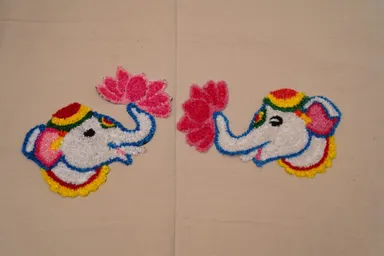 Decorative Woolen Rangoli Mat Set of 2 | 28×41 cm Elephant & Lotus Design Multicolour Rangoli | Floor Décor for Diwali, Pooja, Home Entrance