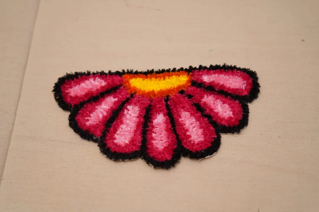Half Round Pink Flower Design Fluffy Microfiber Decorative Mat for Pooja Room Home Entrance Festival Decor Small Soft Floor Mat image 1
