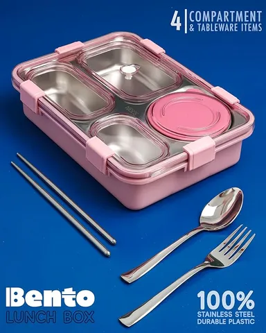 Lunch Box 4 Compartment Leak-Proof BPA Free Stainless Steel for School, Lunch Box for School & Office with a Fork, a Spoon and a Pair of Chopsticks (Classic Pink, 4 Compartment) thumbnail 1