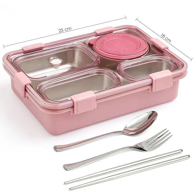 Lunch Box 4 Compartment Leak-Proof BPA Free Stainless Steel for School, Lunch Box for School & Office with a Fork, a Spoon and a Pair of Chopsticks (Classic Pink, 4 Compartment) image 3