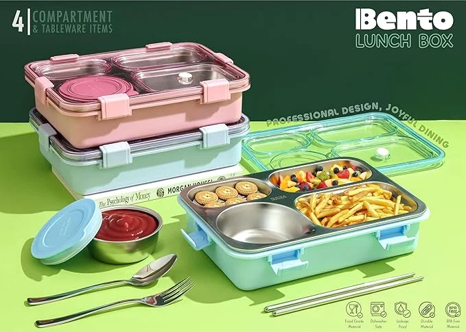 Lunch Box 4 Compartment Leak-Proof BPA Free Stainless Steel for School, Lunch Box for School & Office with a Fork, a Spoon and a Pair of Chopsticks (Classic Pink, 4 Compartment) image 4