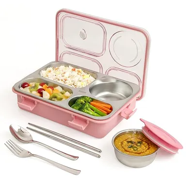 Lunch Box 4 Compartment Leak-Proof BPA Free Stainless Steel for School, Lunch Box for School & Office with a Fork, a Spoon and a Pair of Chopsticks (Classic Pink, 4 Compartment)