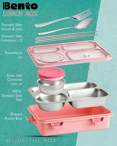 Lunch Box 4 Compartment Leak-Proof BPA Free Stainless Steel for School, Lunch Box for School & Office with a Fork, a Spoon and a Pair of Chopsticks (Classic Pink, 4 Compartment) thumbnail 4