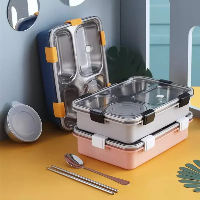 Lunch Box 4 Compartment Leak-Proof BPA Free Stainless Steel for School, Lunch Box for School & Office with a Fork, a Spoon and a Pair of Chopsticks (Grey, 4 Compartment) image 4