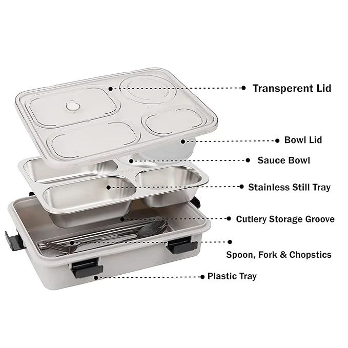 Lunch Box 4 Compartment Leak-Proof BPA Free Stainless Steel for School, Lunch Box for School & Office with a Fork, a Spoon and a Pair of Chopsticks (Grey, 4 Compartment) image 3