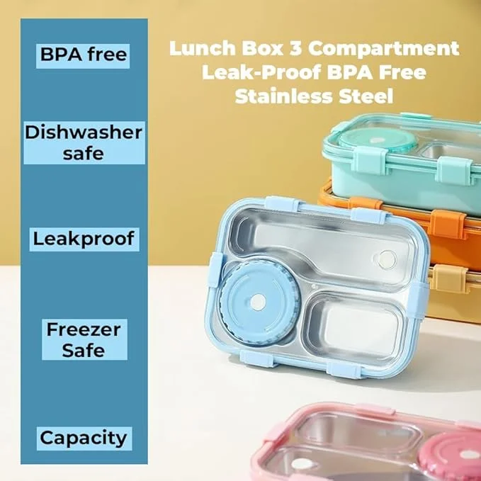 Lunch Box 3‑Compartment PurpleL|eak‑Proof BPA Free Stainless Steel School & Office Tiffin 750 ml with Spoon Fork Chopsticks | Kids & Adult Use | Bento koi koi kawaii lunch box image 5